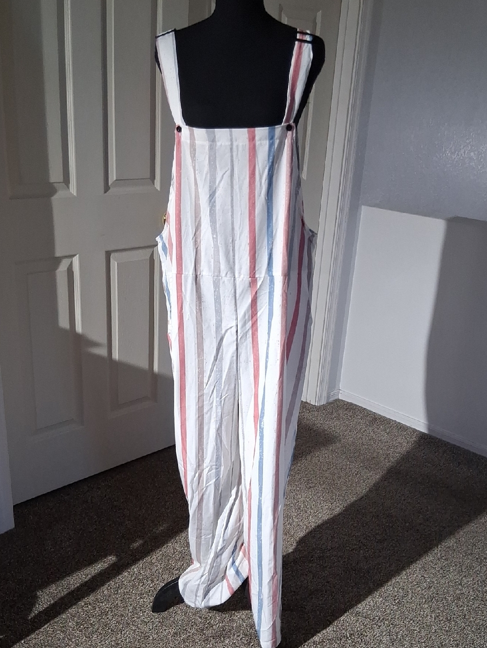 Striped Wide-Leg Overalls - White with Red & Blue Stripes